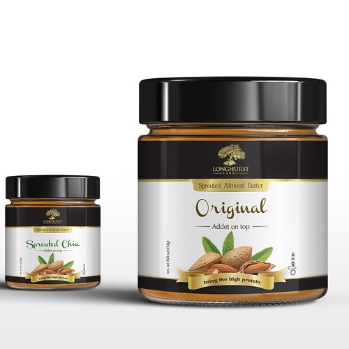 Almond packaging with the title 'Label design for Almonds butter ""'