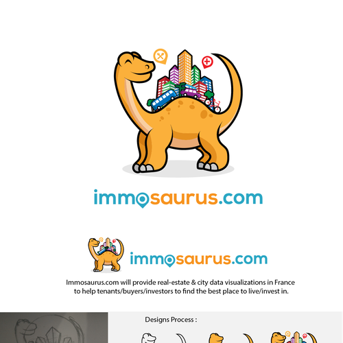 Dinosaur logo with the title 'Character Design for Immosaurus.com'