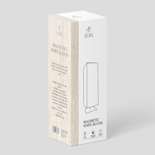 Aesthetic packaging with the title ' Rotating knife block'