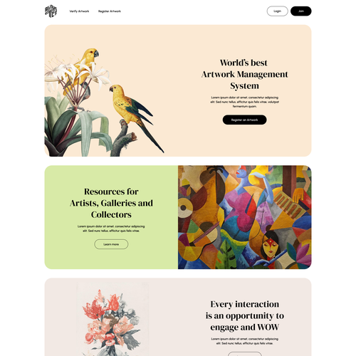 Art gallery design with the title ' Homepage and a single Page Design for Always Art an art related startup company.'
