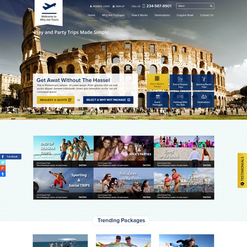 Communication website with the title 'Create a party - happy themed homepage for Why Not Tours'