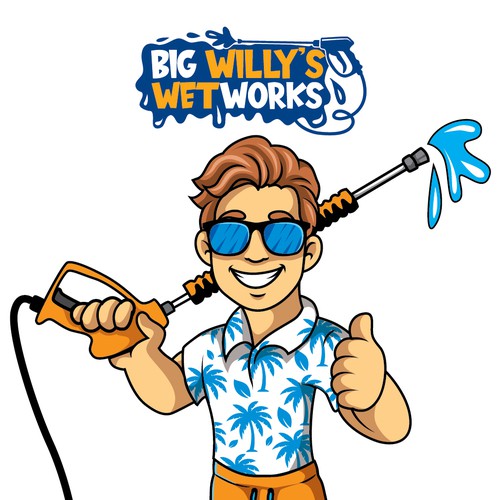 Character brand with the title 'Whimsical pressure washing business in the Caribbean serving wealthy clients - Big Willy's Wetworks'