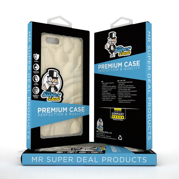 Phone case design with the title 'PRODUCT PACKAGING FOR MISTER SUPER'