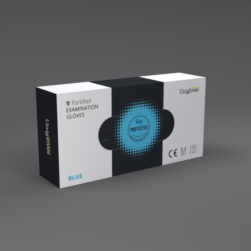 Medicine packaging with the title 'Packaging for examination gloves'