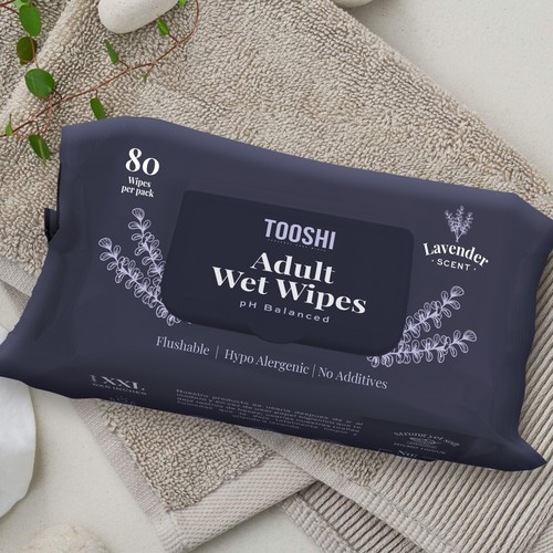 Lavender design with the title 'TOOSHI | Premium Wet Wipes'