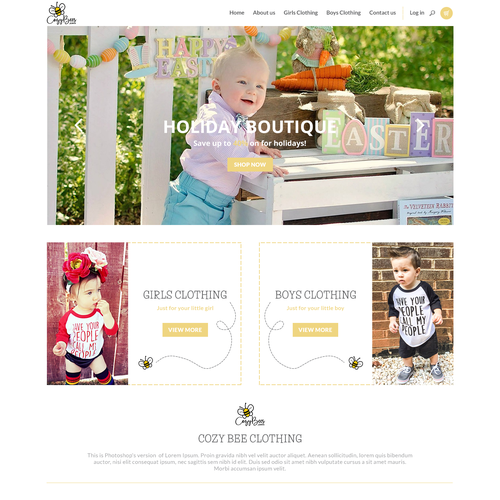 Kid website with the title 'Cozy bee clothing website concept'