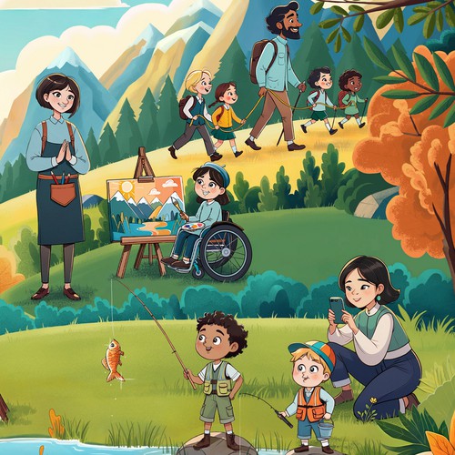 Children illustration with the title 'Outdoor Recreation - Children's panoramic illustration'