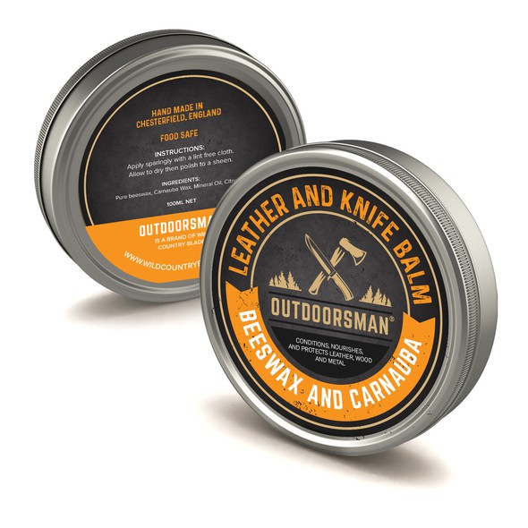 Tin design with the title 'Leather and Knife Balm'