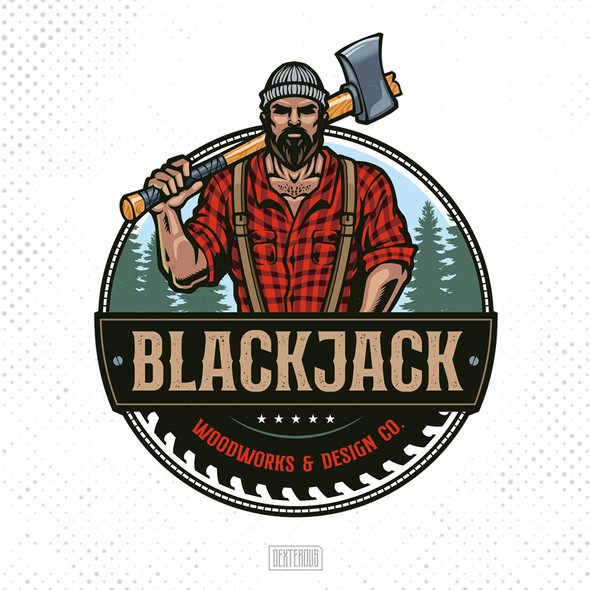 Lumberjack标志，标题为“Blackjack Woodworks & Design Co.”