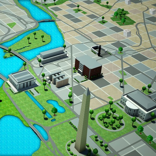 3D illustration with the title 'Design a Map Illustration of DC, Highlighting Key Points of Interest'