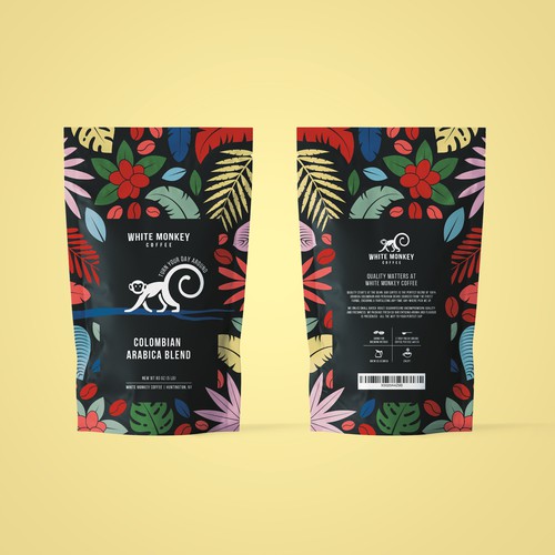 Leaf packaging with the title 'Packaging for White Monkey Coffee'