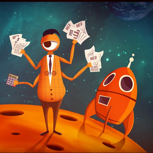 Concept illustration with the title 'Create a space/martian themed cartoon image for our blog theme!'