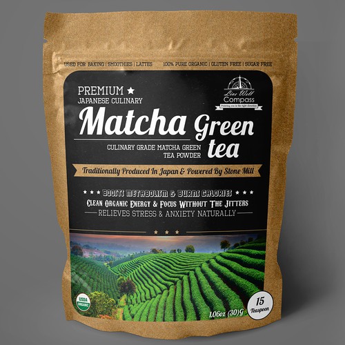 Green tea packaging with the title 'Green tea packaging design for Live Well Compass'