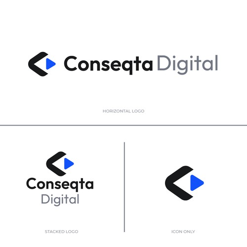 Play button logo with the title 'Conseqta Digital | Modern Digital Marketing & Technology Logo Design'