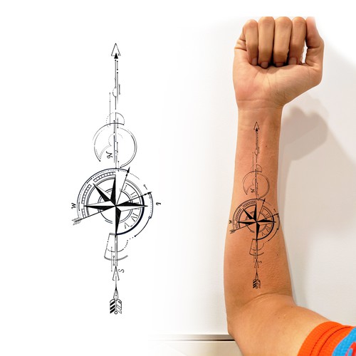 Compass design with the title 'Arrow Compass Clock Tattoo'