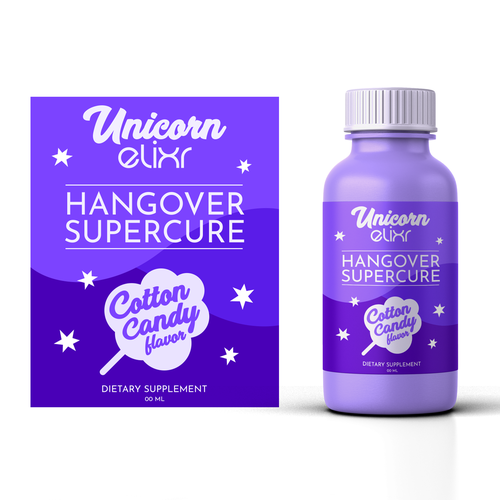 Purple label with the title 'Cute and modern concept for energy drink product'