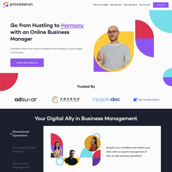 Agency design with the title 'Site redesign for online business manager agency'