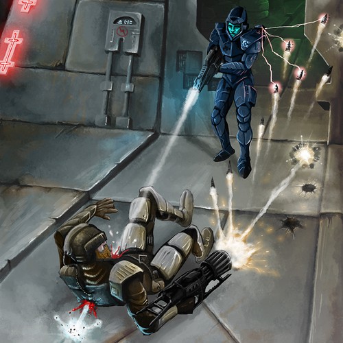 Digital painting artwork with the title 'Dynamic action scene for Sci fi short story - Future FantasyPublishing'