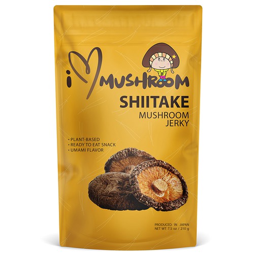 Yellow packaging with the title 'Shiitake Mushroom Jerky'