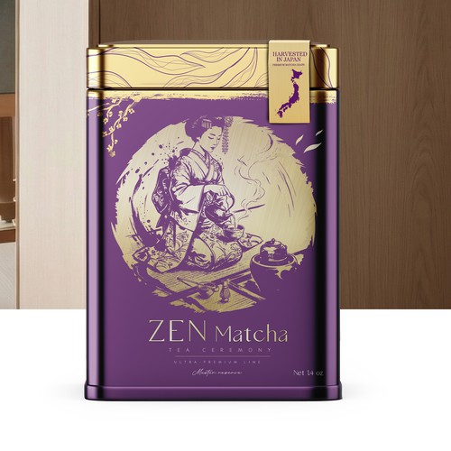 Design with the title 'Zen Matcha Japanese tea'