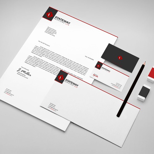 Masculine brand with the title 'Create a MINIMALIST brand identity for a real estate company - logo, card, letterhead, & envelope'