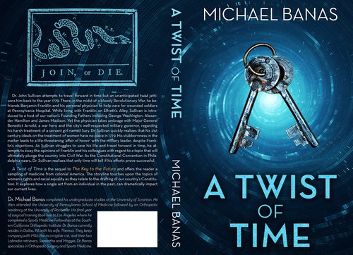 Time travel design with the title 'Book cover design for A Twist of Time, the sequel to The Key to the Future'
