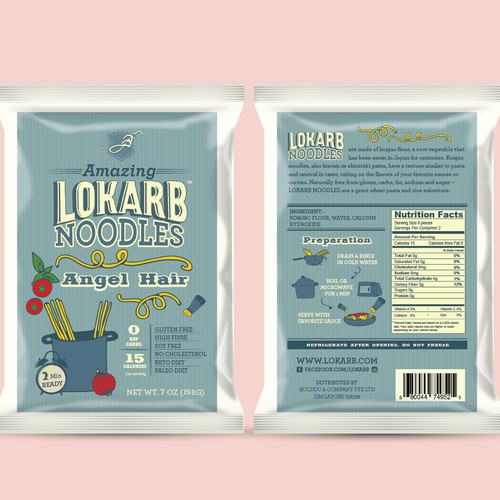 Retro label with the title 'LOKARB Noodles'