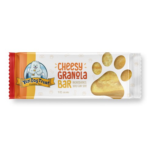 Playful packaging with the title 'Yeti Dog Treat. Cheese granola bar'