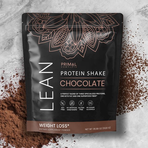 Art packaging with the title 'Sophisticated Simplicity: Lean Chocolate Protein Shake Packaging'