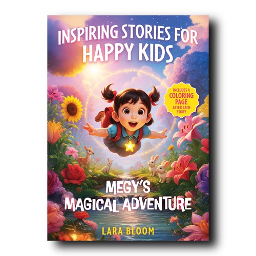 Book cover with the title 'Inspiring Stories for Happy Kids: Megy’s Magical Adventures Subtitle: 10 Motivational Tales'