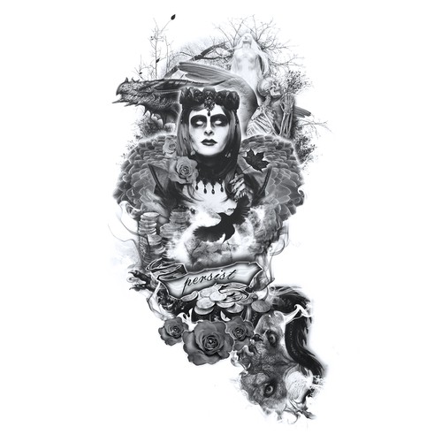 Witch design with the title 'Design 3/4 Sleeve Tattoo - Creative Collage'