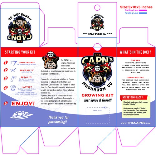 Firefighter design with the title 'CAPN's Mushroom Co. Box Packaging'