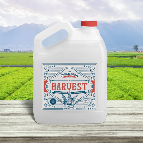 Agriculture packaging with the title '"Harvest" galoon label design'
