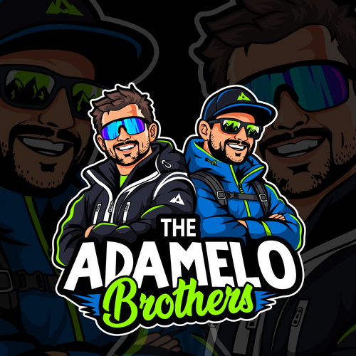 Cartoon logo with the title 'Cartoon caricature logo for "The Adamello Brothers" — trail running volunteer team'