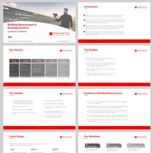 Presentation design with the title 'Measure Up Corp Company Overview'