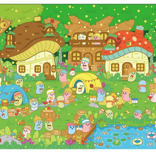 Forest artwork with the title 'Tiny Mushroom Village - Beansie series'