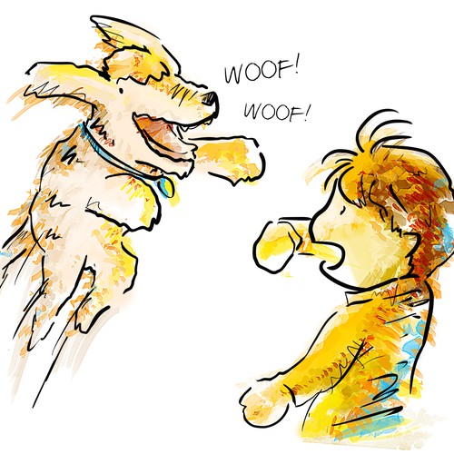 Book illustration artwork with the title 'Harvey the dog and Boy in yellow coat'