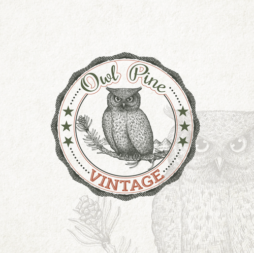 Evergreen logo with the title 'Owl Pine Vintage logo design for vintage/antique market.'