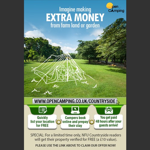 Land design with the title 'Open Camping Print Ad'