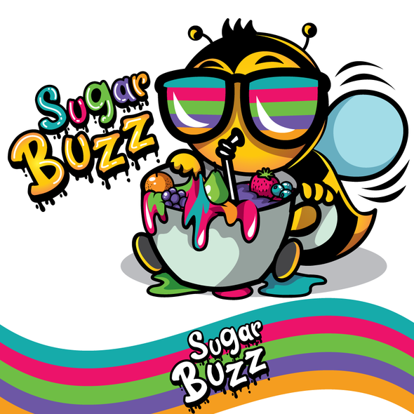 Chicken cartoon logo with the title 'Sugar Buzz Bar its a kids Mock tail bar.'