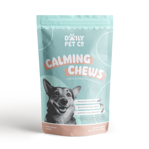 Pet food packaging with the title 'Packaging design concept for calming supplement'