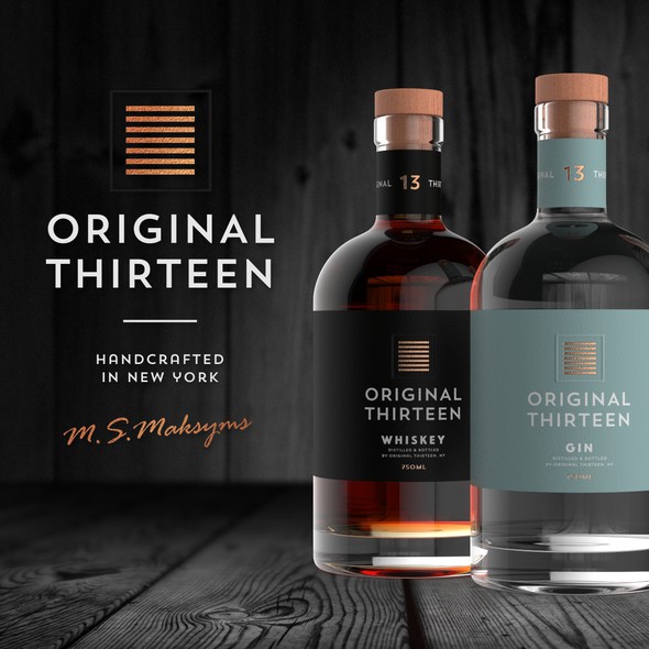 Whiskey packaging with the title 'Minimalistic Logo for Craft Distillery in New York'