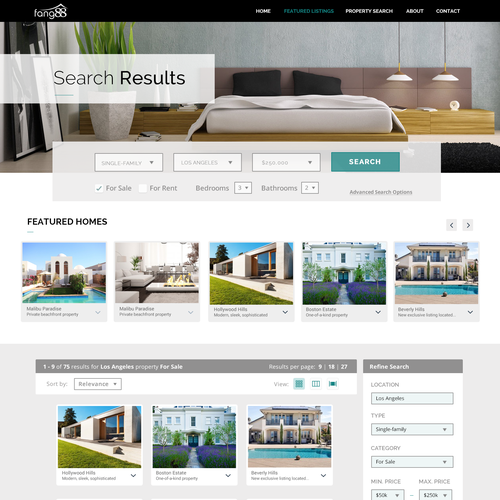 Functional design with the title 'Real Estate Property Listing Search Results Page'