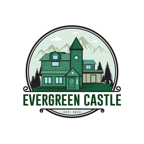 Evergreen logo with the title 'Elegant branding for a mountain castle Airbnb'