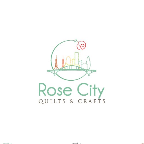 Line drawing logo with the title 'Logo design for Rose City Quilts & Crafts'