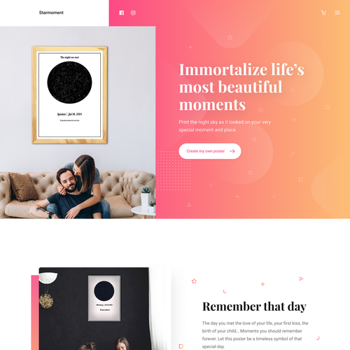 Page design with the title 'Clean, minimalist desktop landing page company that sells unique night posters'