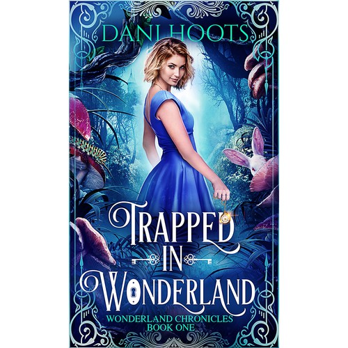 Fairy tale book cover with the title 'Trapped in Wonderland Cover by Biserka Design'