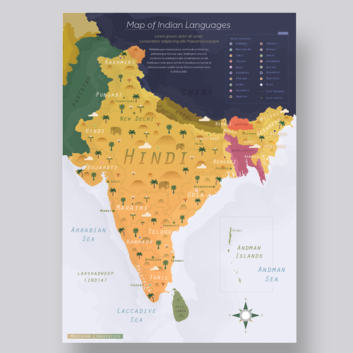 Travel illustration with the title 'Indian languages map design'
