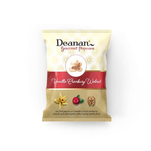 Snack bag packaging with the title 'High End Popcorn Packaging Contest Entry'