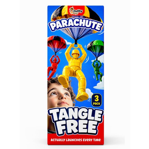Design with the title 'Parachute Tangle Free 3 pack box design'